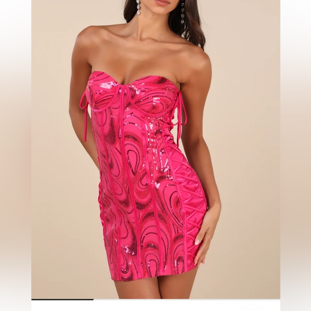 Lulu's Hot Pink Strapless Sequin Dress